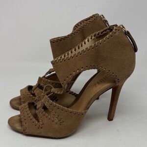 SCHUTZ Tan Suede Cut Out Strappy Peep Toe Zip Back Heels size 8